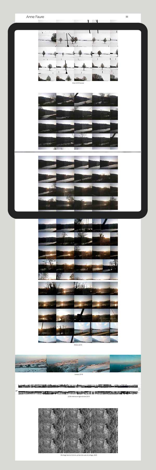 Création site Web artiste et architecte, vue page planches paysages sur tablette