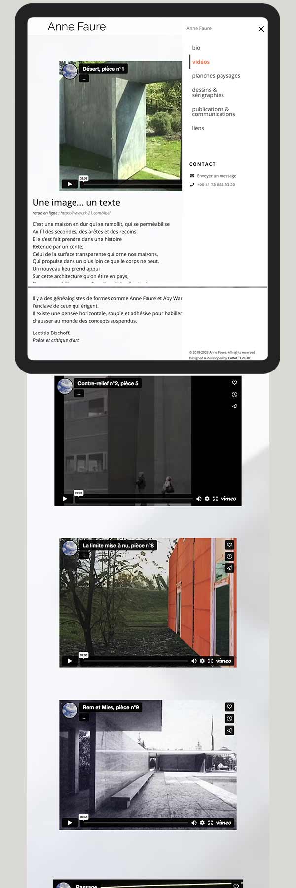 Création site Web artiste et architecte, vue page vidéos sur tablette